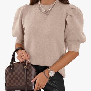 Cream Crew Neck Sweater with Puff Sleeves